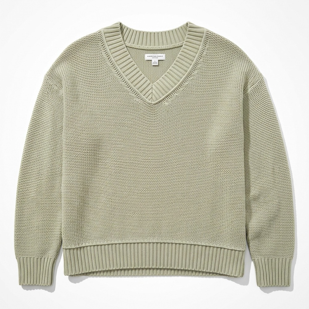 American Eagle M Sage Green V-Neck Shaker Stitch Sweater Womens Boho Casual NEW